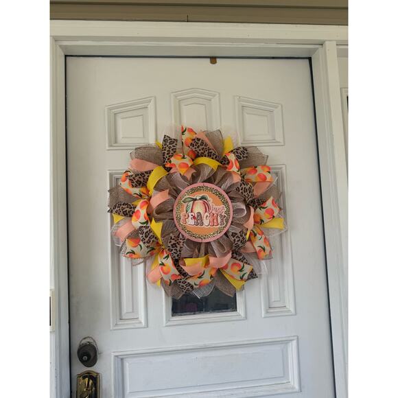 Handmade Peach Leopard Print Deco Mesh Wreath, Summer Front Door Hanger Decor - Picture 7 of 7